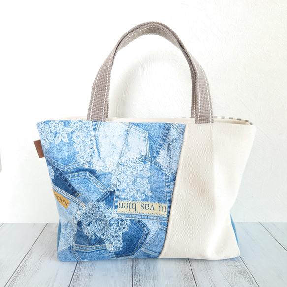 デニム×レースプリントリメイク風 ♡ 三角マチのミニトートバッグ 5枚目の画像