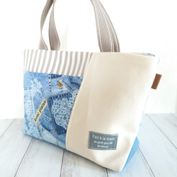 デニム×レースプリントリメイク風 ♡ 三角マチのミニトートバッグ 3枚目の画像