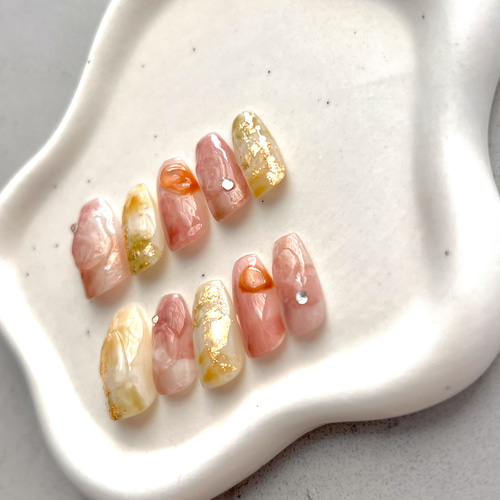No.54 金箔 ピンク イエロー ブライダル 成人式 卒業式 ネイルチップ  