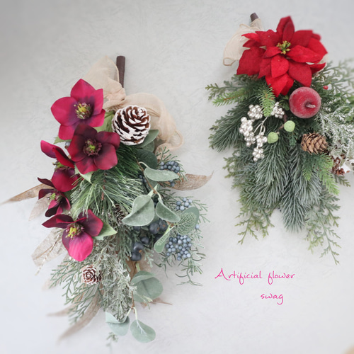 クリスマスローズのスワッグ ❁ 壁掛け 花束 ワインレッド クリスマス