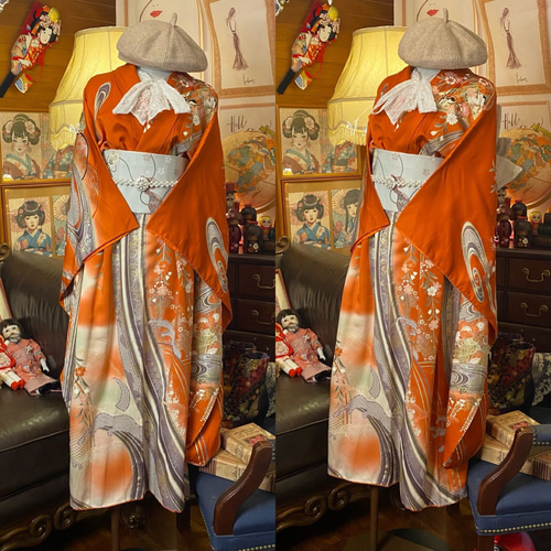 【着物リメイク】振袖ワンピース 振袖 着物 ワンピース リメイク 和洋折衷 鮮やかな赤、柔らかなピンク