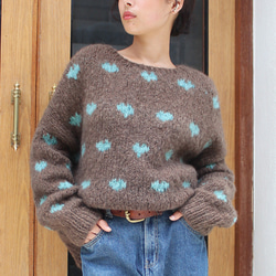 ◉あったか軽〜い冬ニット◉手編みモヘアハートニット　ブラウン 3枚目の画像