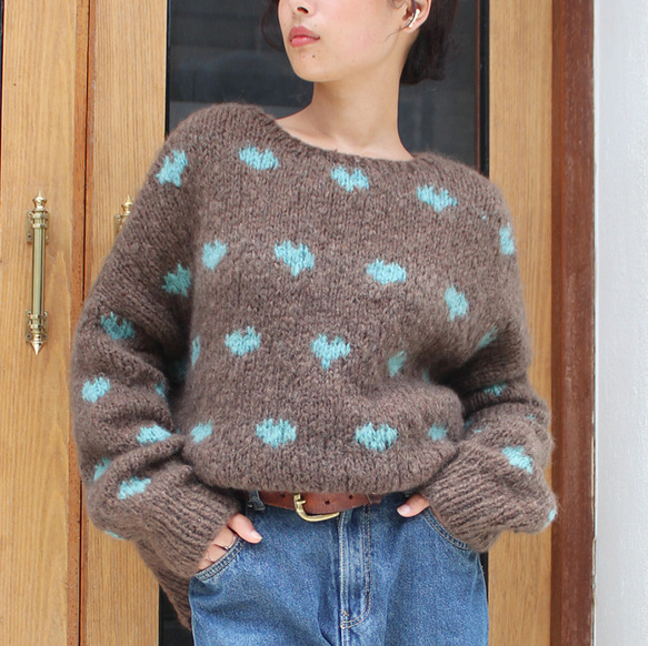 ◉あったか軽〜い冬ニット◉手編みモヘアハートニット　ブラウン 3枚目の画像