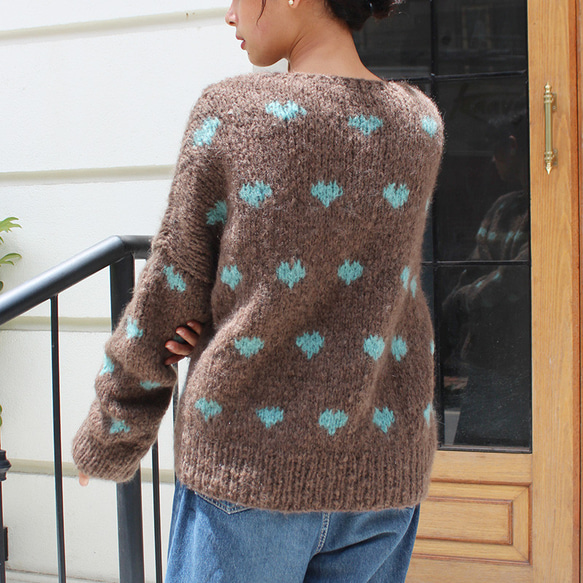 ◉あったか軽〜い冬ニット◉手編みモヘアハートニット　ブラウン 6枚目の画像