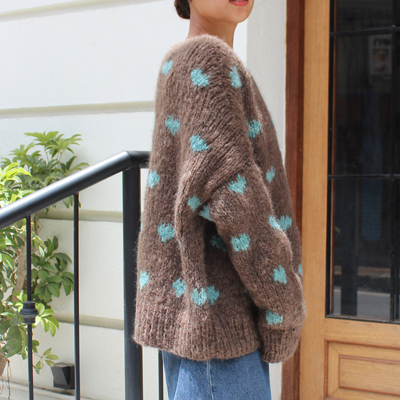 ◉あったか軽〜い冬ニット◉手編みモヘアハートニット　ブラウン 4枚目の画像