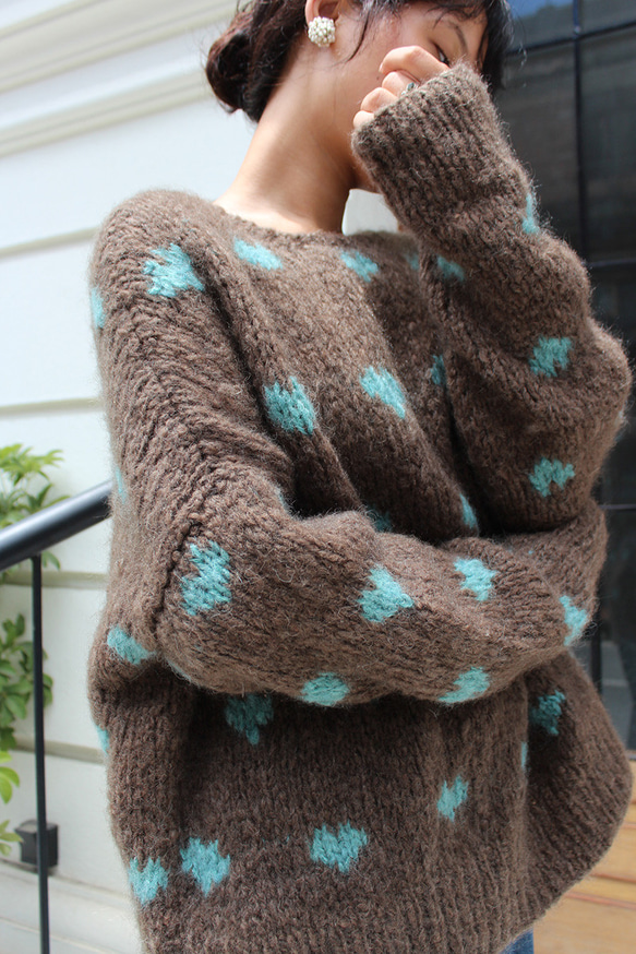 ◉あったか軽〜い冬ニット◉手編みモヘアハートニット　ブラウン 9枚目の画像