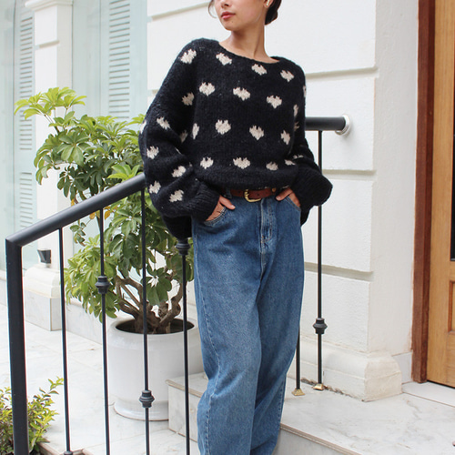 ◉あったか軽〜い冬ニット◉手編みモヘアハートニット ブラック ニット