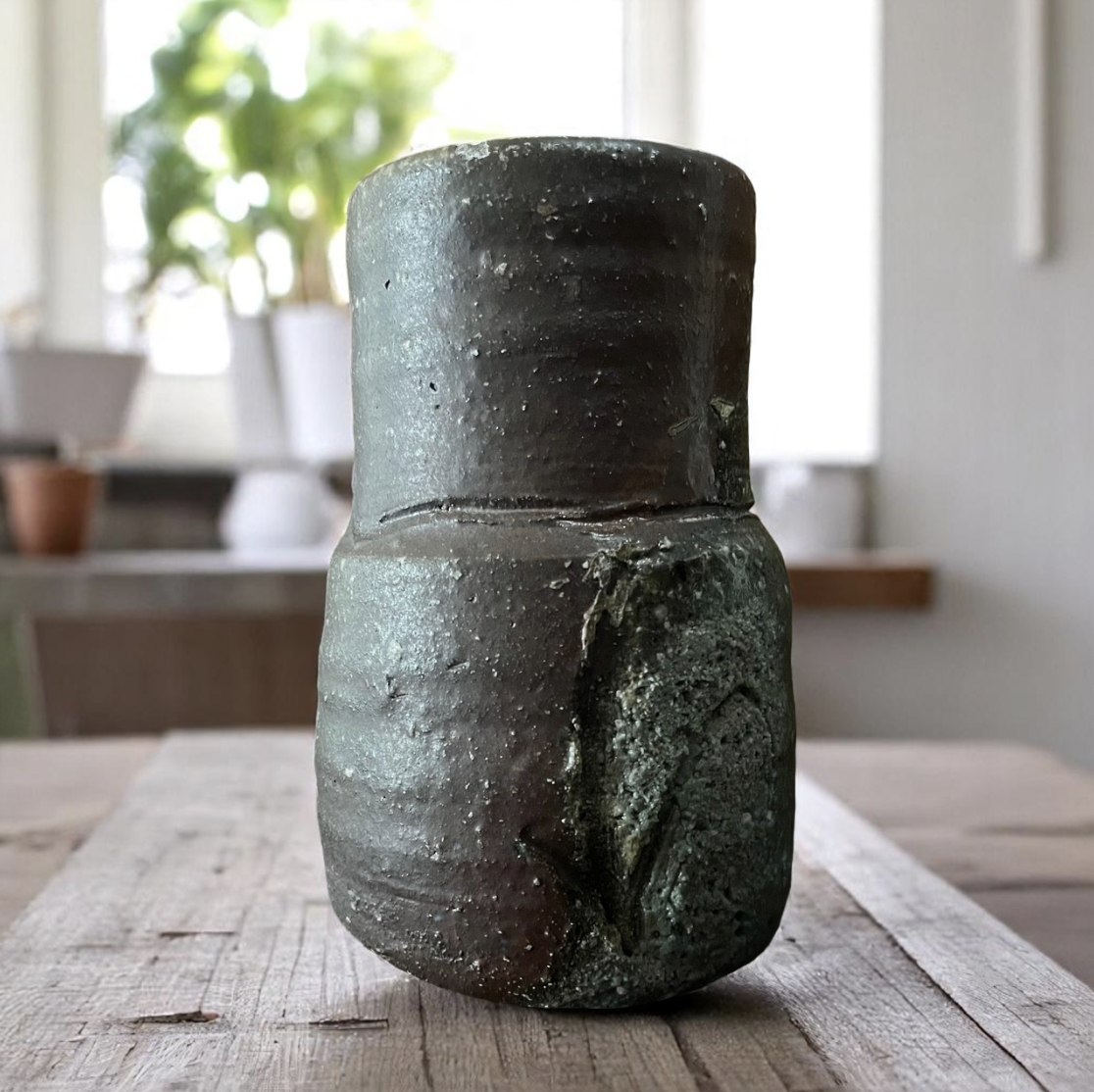 【備前焼掛花入】木村素炎作 昭和期・共箱付 高さ14cm×直径10cm 壁掛・置型兼用の焼締花器