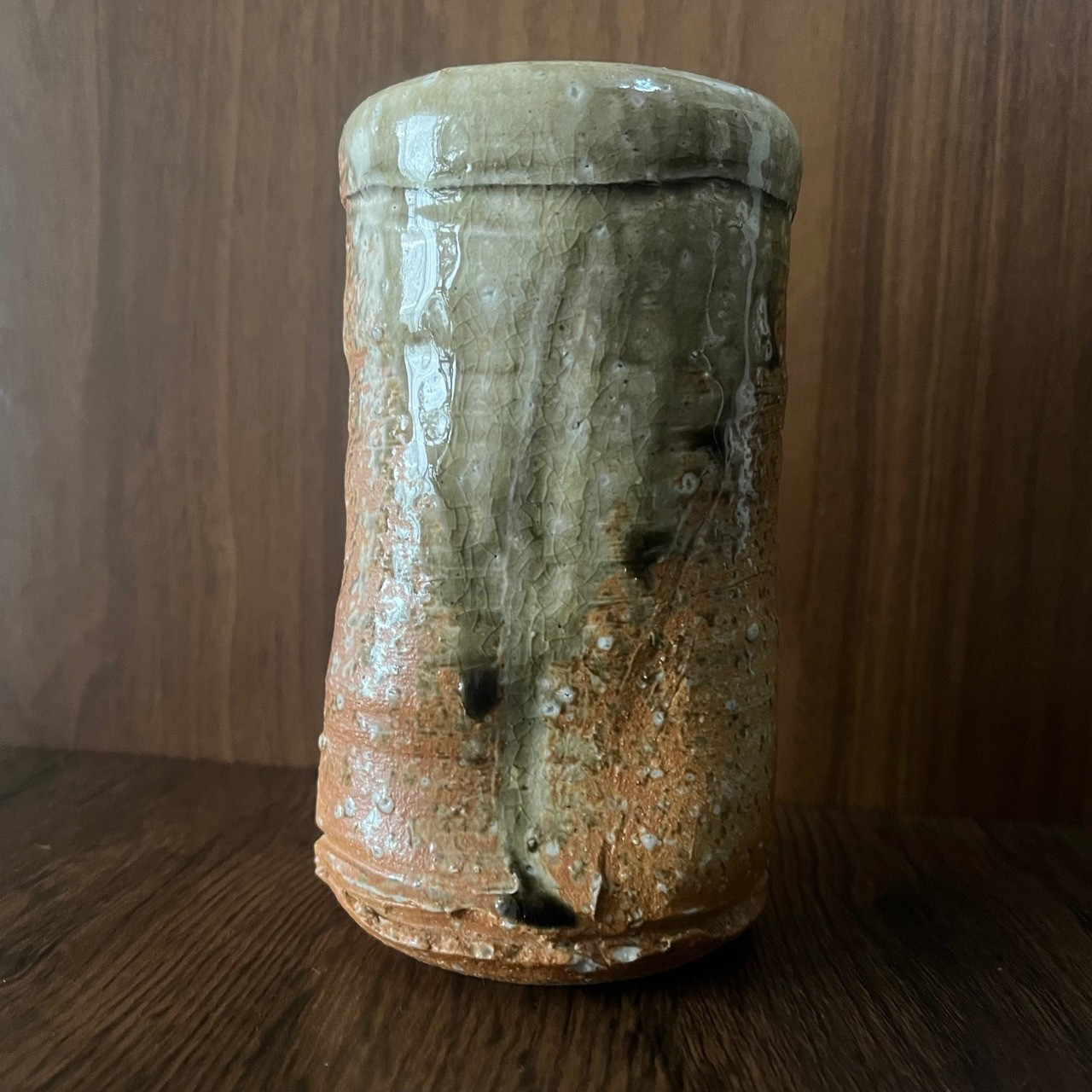 丹波掛花入 緑釉壁掛花器 高さ15cm×直径8cm