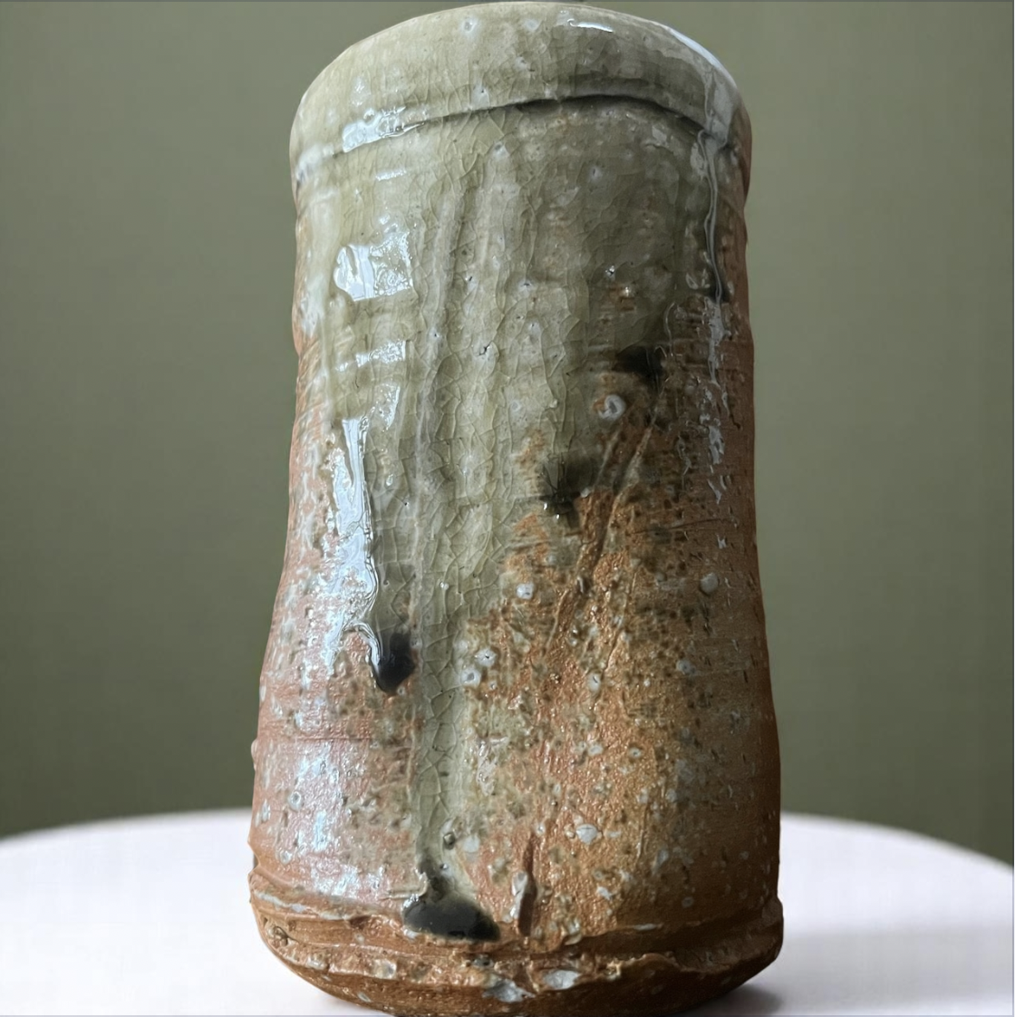 丹波掛花入 緑釉壁掛花器 高さ15cm×直径8cm