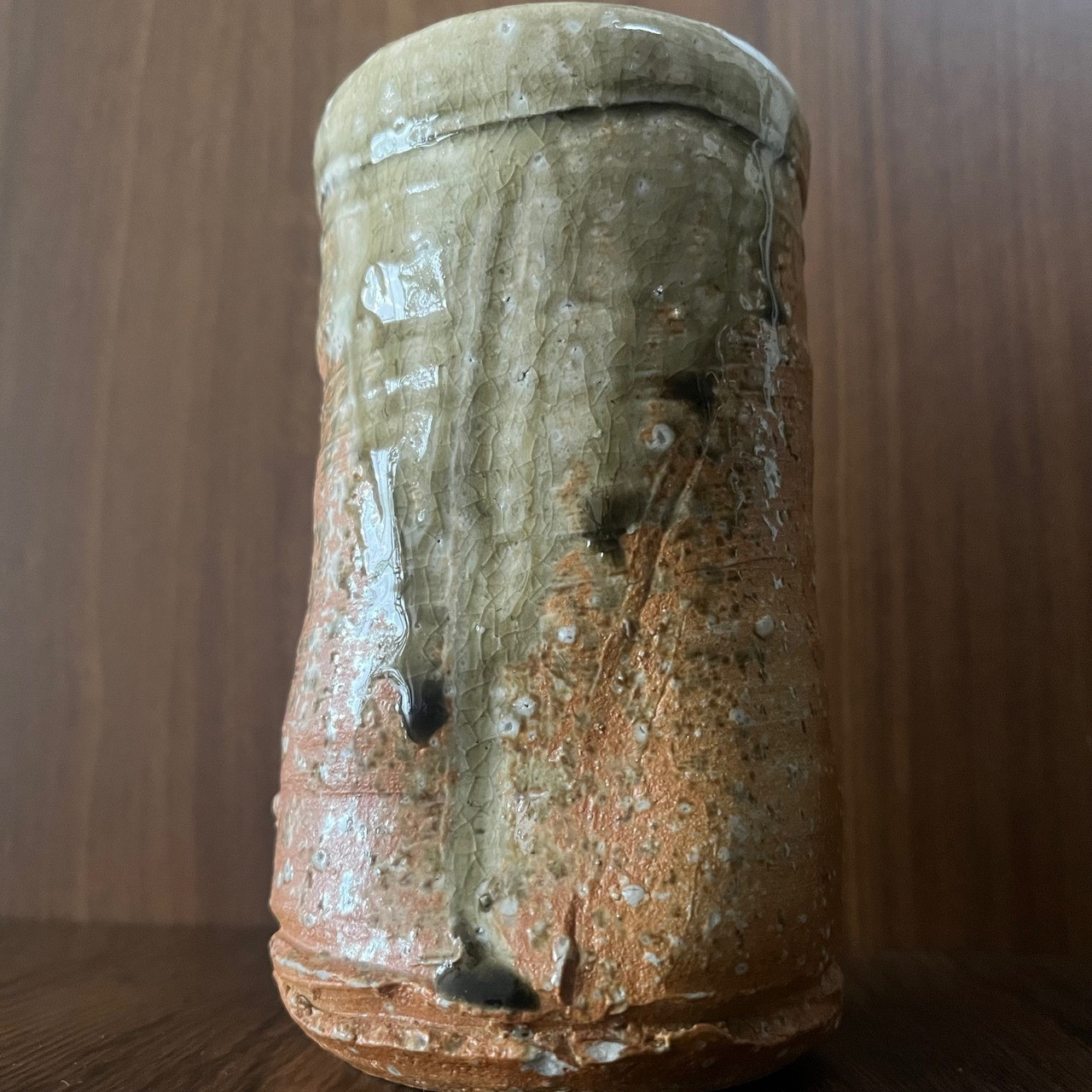 丹波掛花入 緑釉壁掛花器 高さ15cm×直径8cm