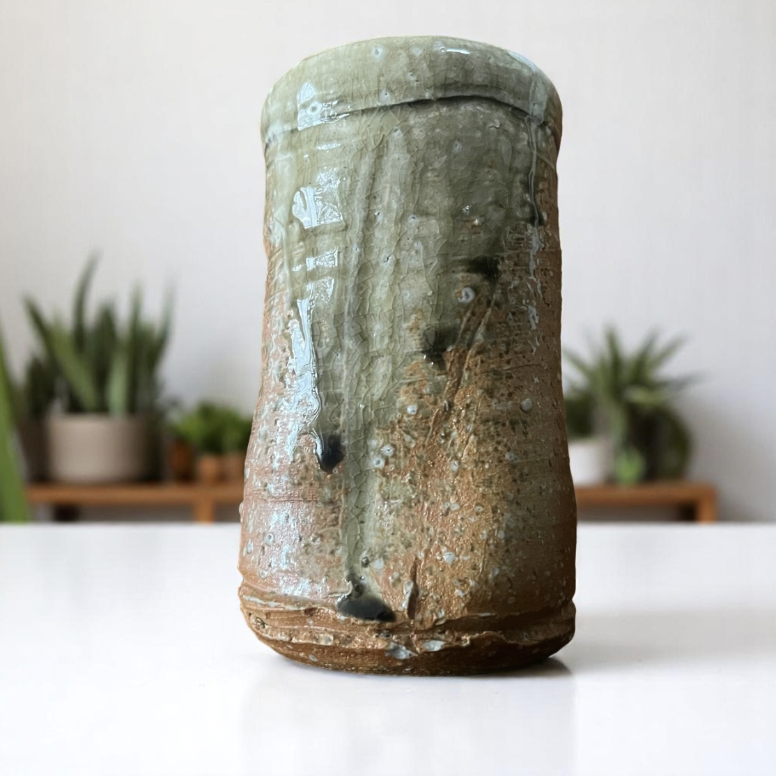 丹波掛花入 緑釉壁掛花器 高さ15cm×直径8cm