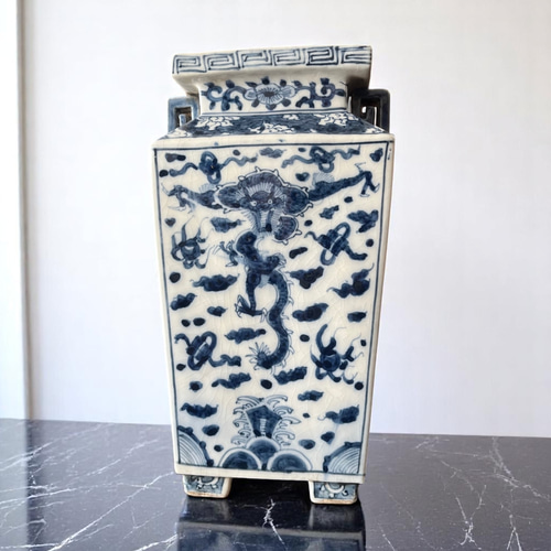 2785 染付高砂 九谷美陶園 花瓶 時代物