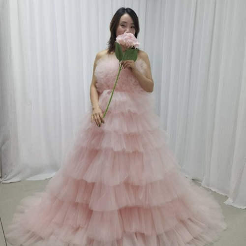 送料無料！カラードレス 薄ピンク ベアトップ ふわふわドレス 編み上げ