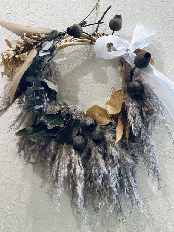 ivorynoon パンパス ドライフラワー クリスマスリース グレイジュ 天使