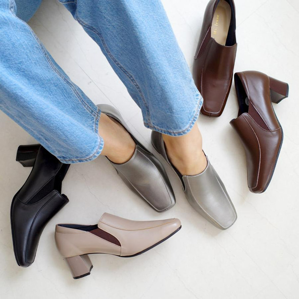チャンキーヒール×甲深パンプス 牛革シューズ 日本製 / PO5635