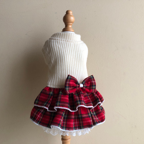 犬服 ハンドメイド 裏毛赤チェック SSサイズ つめきり