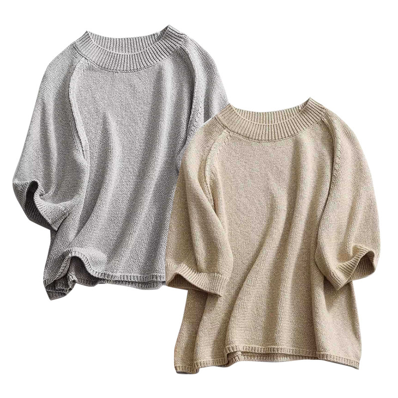 ぴかぴか糸入りニットTシャツ　コットン混紡半袖ニットTシャツ　2色　M-Lサイズ　L462