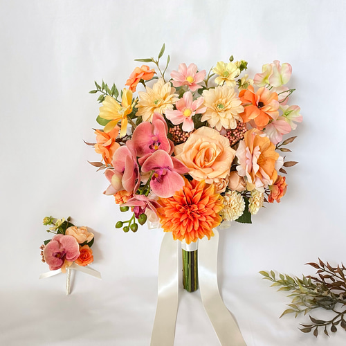 オーダーメイド】オレンジ ダリアと胡蝶蘭 の アンティーク クラッチ