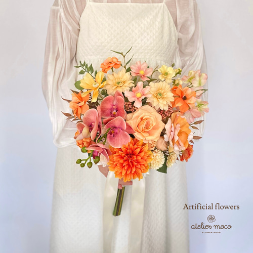 オーダーメイド】オレンジ ダリアと胡蝶蘭 の アンティーク クラッチ