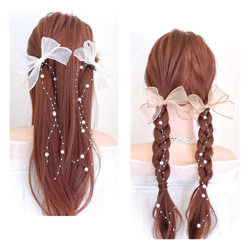 2点セット】パール シアーリボン ヘアゴム ヘアピン 結婚式 発表会