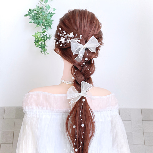 2点セット】パール シアーリボン ヘアゴム ヘアピン 結婚式 発表会 