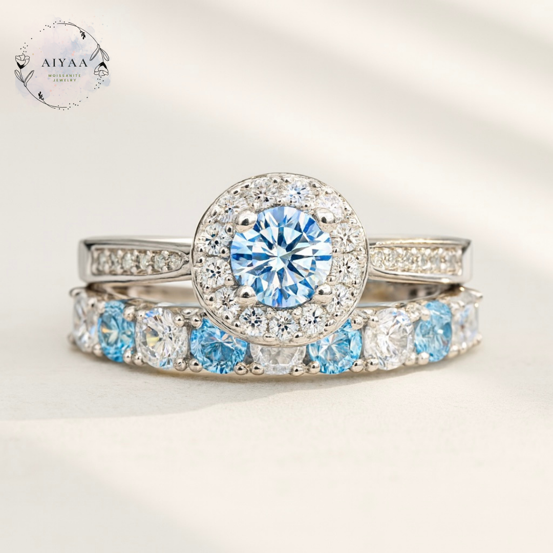 モアサナイト 重ね付けリングセット｜シーブルー×Dカラー 3mm＆5mm ラウンドヘイロー×ハーフエタニティ