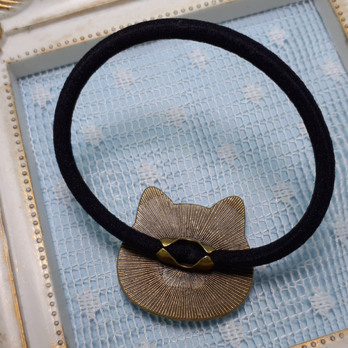 キラキラヘアゴム猫型(ブルー系) Vカットラインストーン クレイデコ 猫