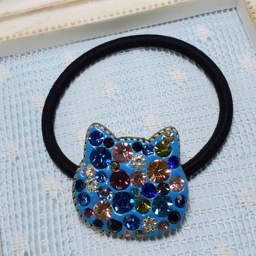 猫レジンヘアゴムブルーキラキラブルー