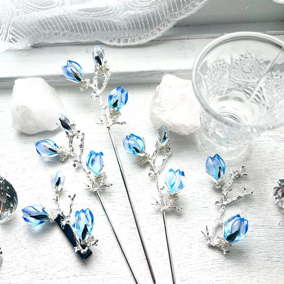 硝子木蓮の髪飾り（露草色） 4枚目の画像