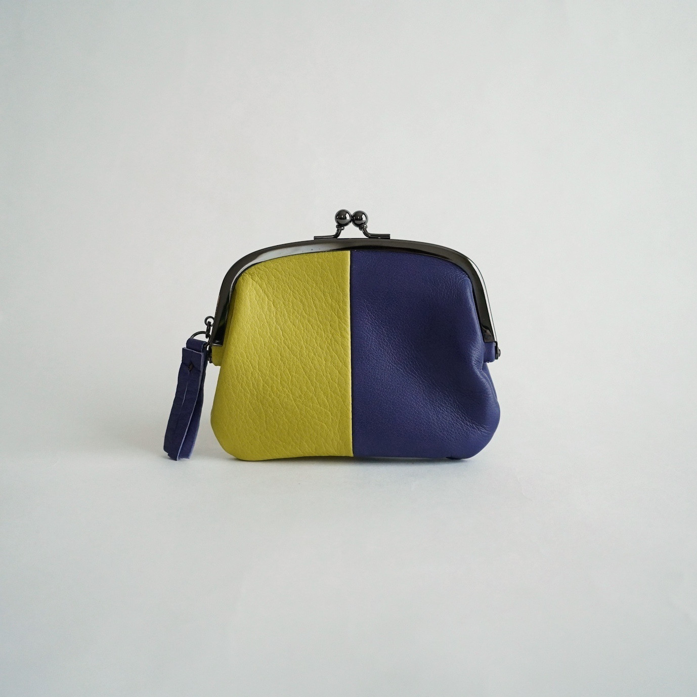 おさつ２つ折り　がま口財布／ライム×パープル