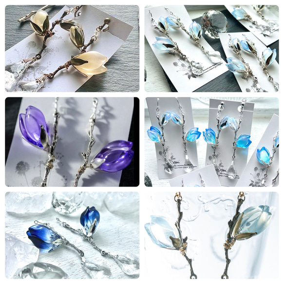 硝子木蓮の一輪耳飾り（白オパール・赤紫、その他） 1枚目の画像