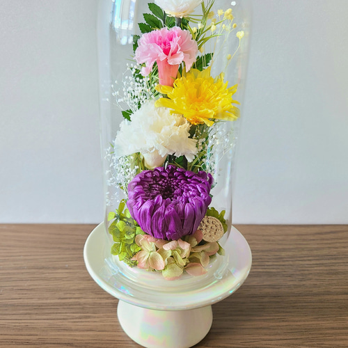 お供え用 おおきめ仏花 プリザーブドフラワーアレンジ ガラスドームで