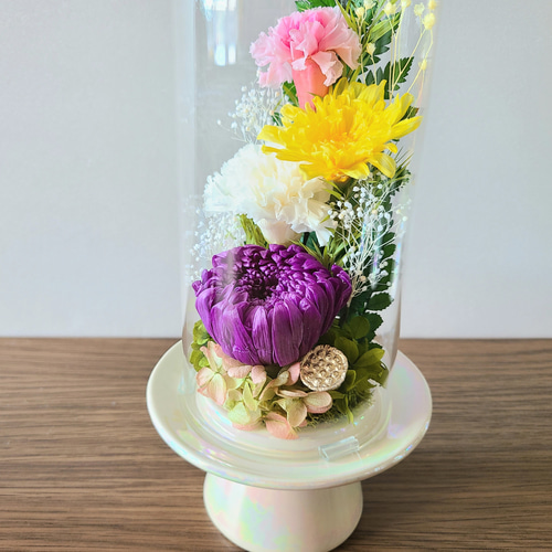 送料無料】豪華な彩りガラスドーム仏花(大)/プリザーブド