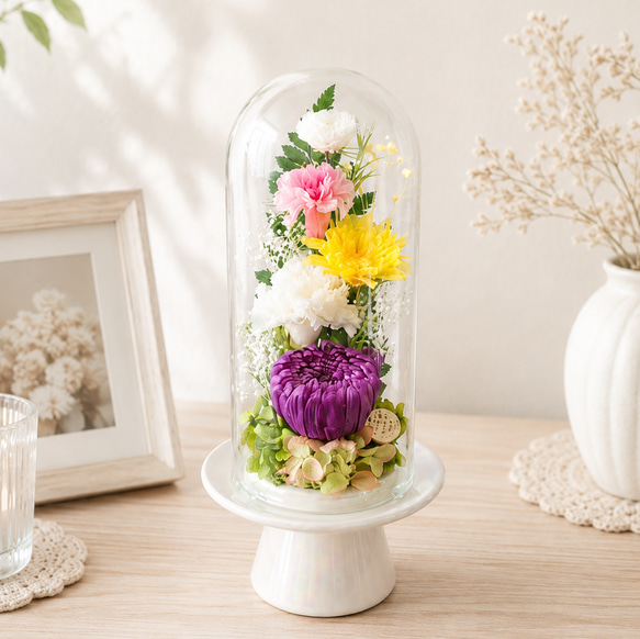 仏花 自然素材のみ プリザーブドフラワー ガラスドーム 一対 タッセルつき 送料無料】豪華な彩りガラスドーム仏花(大)/プリザーブドフラワー/一対