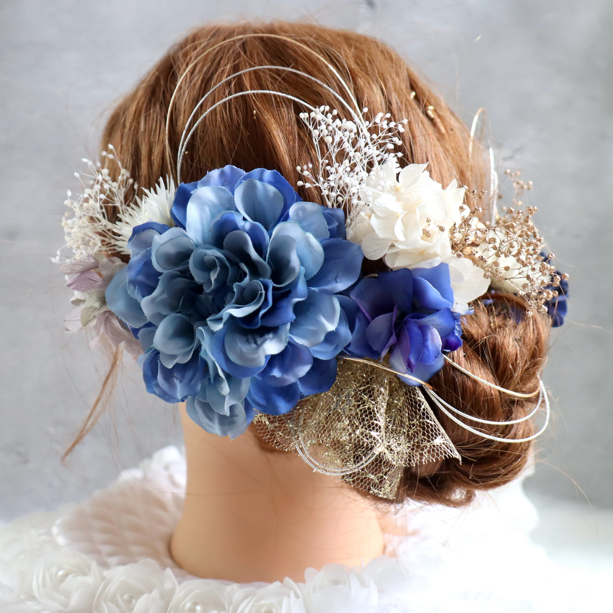 成人式　卒業式　結婚式　青　ブルー　成人式髪飾り　卒業式髪飾り　結婚式髪飾り　和装　振袖　水引　成人式