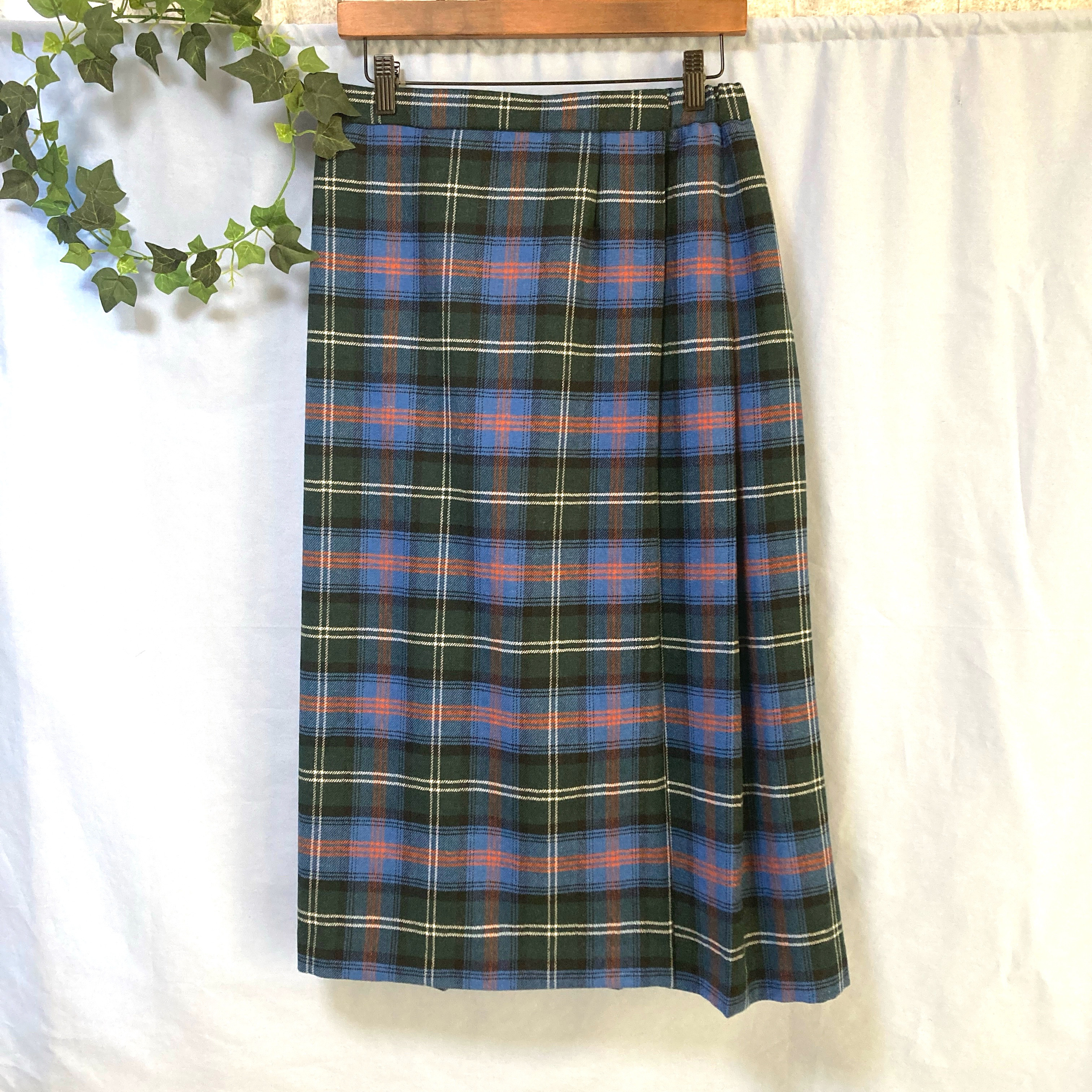 ウールタータンチェック 巻きスカート風のタックスカート　ブルー　サイズオーダー対応 送料無料