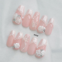 【オーダーページ】ネイルチップ　韓国　ガラスフレンチ　リボン　薔薇 オーダーページ】ネイルチップ 韓国 ガラスフレンチ リボン 薔薇