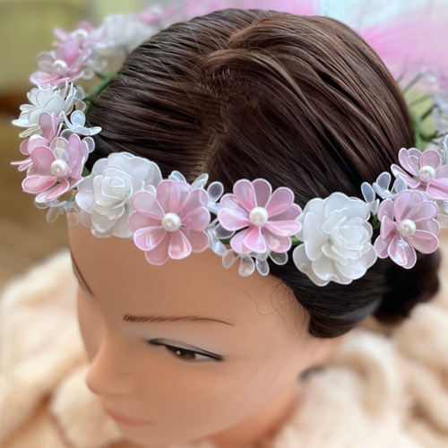 花冠《白薔薇とピンクの花々》＊アメリカンフラワー ＊ディップ