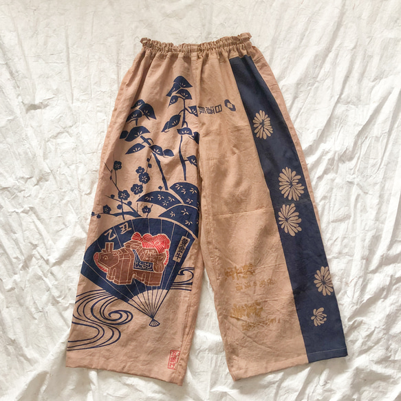 柿渋染め 手ぬぐいリメイク ワイドパンツ ゆったりズボン 京都