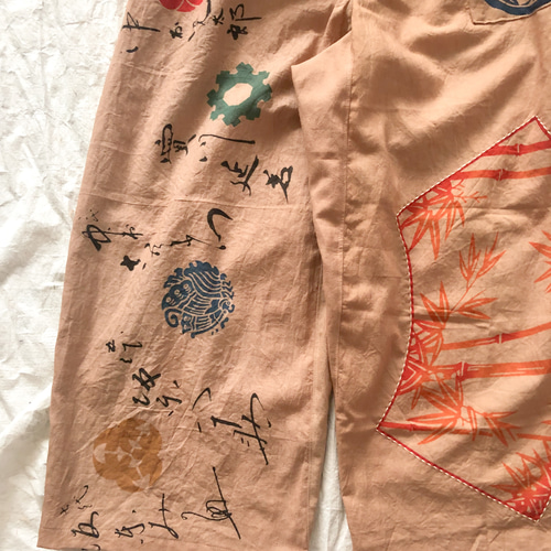 柿渋染め 手ぬぐいリメイク ワイドパンツ ゆったりズボン 京都