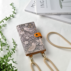 全機種対応 スマホケース 手帳型 【 エボニースイート いちご泥棒 】 ゴールドパーツ スマホショルダー 鳥 A304I 15枚目の画像