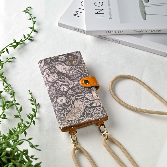 全機種対応 スマホケース 手帳型 【 エボニースイート いちご泥棒 】 ゴールドパーツ スマホショルダー 鳥 A304I 15枚目の画像