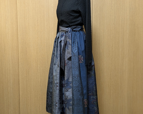 着物リメイク ギャザースカート 大島紬 パッチワーク M〜L ロング