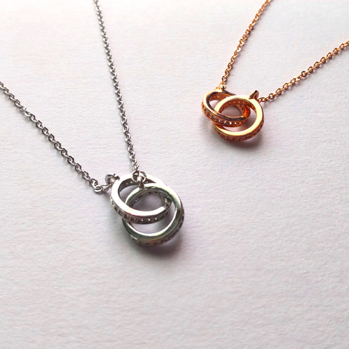 早割】ペアセット ダブルリングチェーンネックレス2個セット ピンク