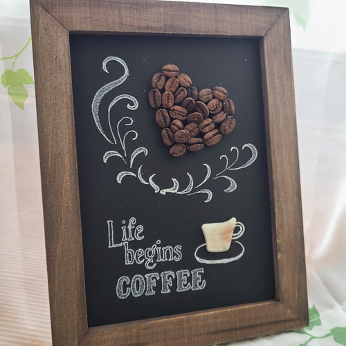 コーヒー豆アート〉カフェ☆珈琲時間☆貝殻アート＊壁掛け・スタンド