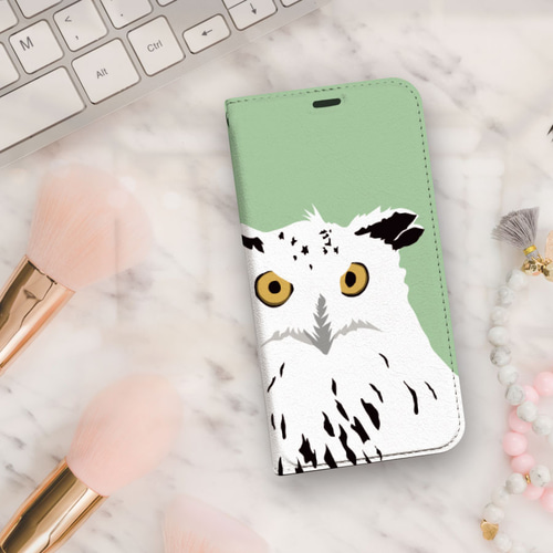 フクロウ ミントグリーン ベルトなし 帯なし ベルトレス 手帳型 iPhone