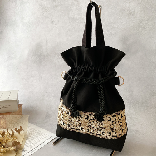 インド刺繍リボン】ハンドメイド 巾着 バック トートバッグ うり 通販