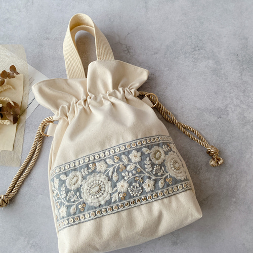 インド刺繍リボン】ハンドメイド 巾着 バック トートバッグ うり