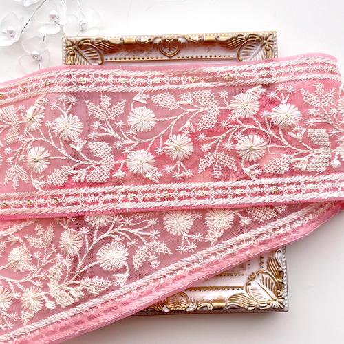 499 【 幅：8cm 】 インド刺繍リボン ピンク チュール ホワイト リボン